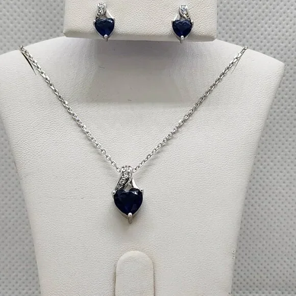 Brand New Sterling Silver 925 Blue Heart Gemstone 2pc Set - Picture 3 of 6